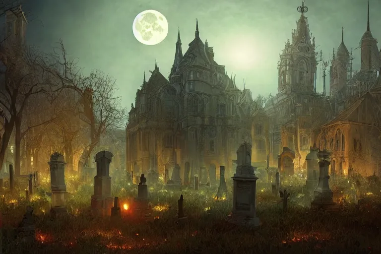 Image similar to an ultra detailed animation of a graveyard at midnight on halloween, digital art, dark fantasy, concept art, soulslike, by alphonse mucha, blood moon eclipse, ruined building in the background, artstation, 8 k, unreal engine render