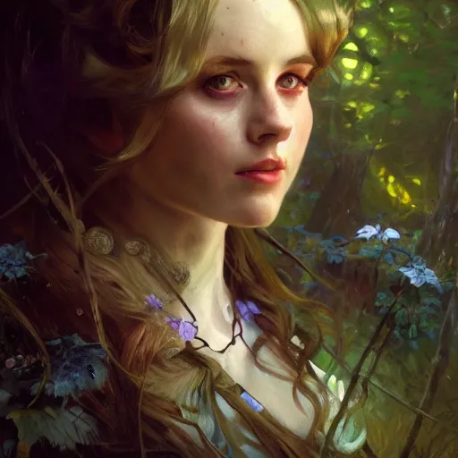 Image similar to close up portrait of alice in wonderland, magical forest, dramatic lighting, high detail, painted, by greg rutkowski, painted by stanley artgerm, painted by alphonse mucha, trending on artstation