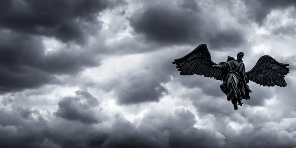 Prompt: fallen archangel striking from the heavens, dark cloudy sky with thunder, dramatic light