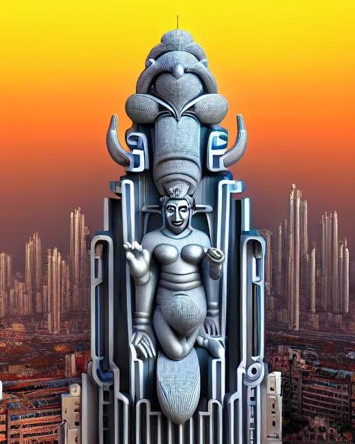 Image similar to high quality 3 d neo futurist biomorphic hanuman! head building in mumbai!! centre, highly detailed, cinematic smooth, berenice abbott & john j. park, dramatic warm morning light, wide shot, high angle, uhd 8 k, sharp focus