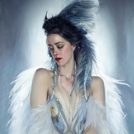 Prompt: hyperrealistic portrait of a woman as amber heard as the winter witch in throne room at night wearing white swan dress long feathers and sapphire jewellery by jeremy mann and alphonse mucha, fantasy art, photo realistic, dynamic lighting, artstation, poster, volumetric lighting, very detailed faces, 4 k, award winning