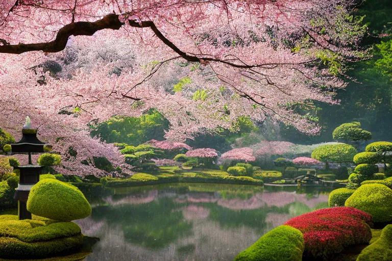 Image similar to masterpiece photography of a japanese garden landscape, with a pond and sakura trees, sakura flowers in the wind, scattered clouds on the horizon, during spring, atmospheric effects, light fog, dawn rays of light, bokeh, by Lee Madgwick or Caspar David Friedrich or Édouard Manet, Trending on artstation, spring, dawn color scheme, soft colors