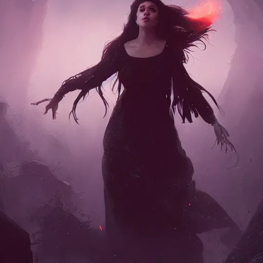 Image similar to Portrait of a gorgeous witch surrounded by magic and energy, sharp, 4k, cinematic lighting, in the style of Greg Rutkowski and James Gurney