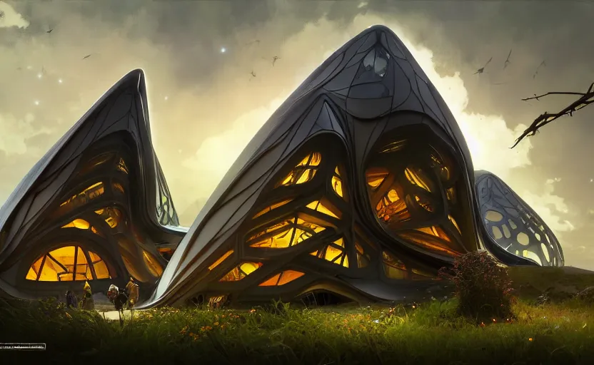 Image similar to exterior shot of witch hut utopian architecture transparent building with cinematic lighting by zaha hadid and renzo piano, darek zabrocki and greg ruthkowski, alphonse mucha, simon stalenhag, cinematic, stars, beautiful, holy place, paradise, scifi, futurism, atmospheric, concept art, artstation