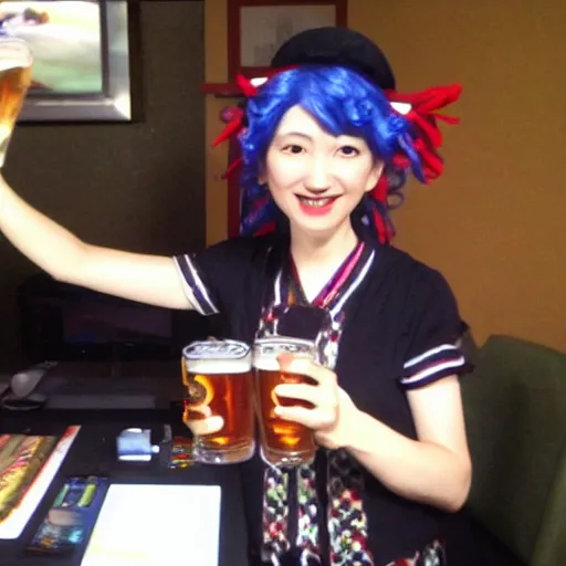 Image similar to touhou project creator and video game designer zun drinking a beer