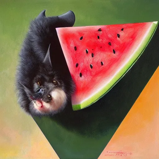 Prompt: realistic fluffy bat stealing a triangle slice of watermelon in the museum, highly detailed, sharp focus, oil painting, artwork by Victor Adame Minguez + Lovell + Sandro Botticelli