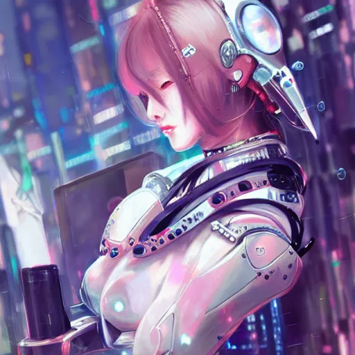 Prompt: a highly detailed portrait of a kpop idol mecha lady in spiked cyberpunk bioarmor trending on artstation by yoshitake amano