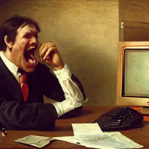 Image similar to an angry man yells at his computer monitor, oil on canvas, 1 8 8 3, highly detailed