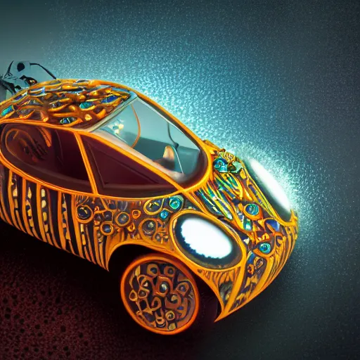 Image similar to tiny wooden car, floating, rbc, radiolaria, protophyta, micro - organisms, center frame, symmetric, rim light, marine microbiology, bioluminescence, electric, soft, concept art, intricate details, highly detailed, colorful, photorealistic, disney pixar, octane render, iridescent, anime, 8 k