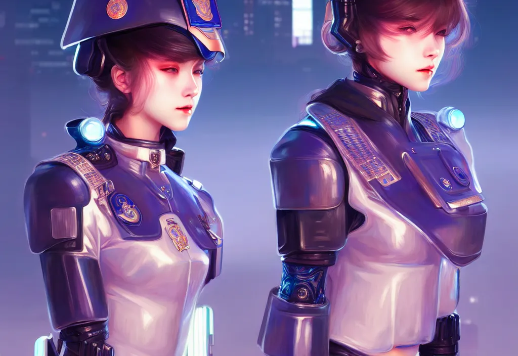 Image similar to portrait futuristic police uniform girl, at future neon light tokyo rooftop night, ssci - fi and fantasy, intricate and very very beautiful and elegant, highly detailed, digital painting, artstation, concept art, smooth and sharp focus, illustration, art by tan zi and ayanamikodon and alphonse mucha and wlop