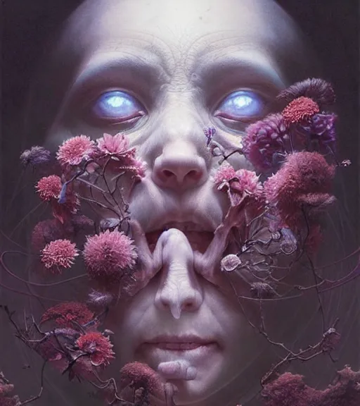 Image similar to portrait, descending into madness, flowers by wayne barlowe, toru kamei, artgerm and greg rutkowski, tanaka suguru, itsuko azuma, kinuko y. craft, mysterious, aesthetic!!! hyper detailed