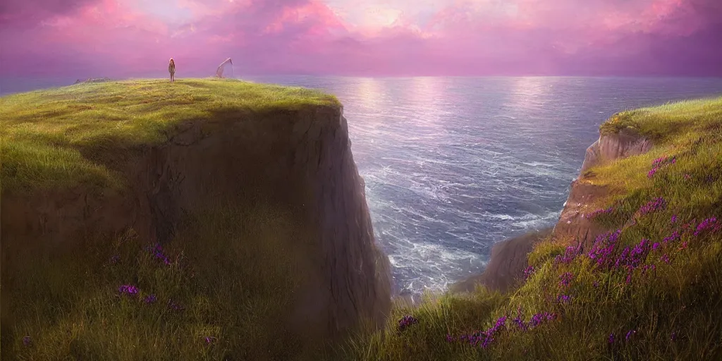 Image similar to Field on the edge of a cliff overlooking the ocean by Jessica Rossier, purple color scheme