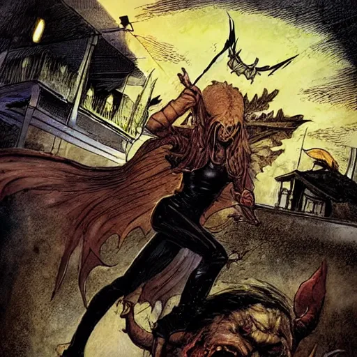 Image similar to a modern day mage fighting a goetic daemon of Wrath on the rooftop of a pub on the outskirts of Brisbane. Modern supernatural horror art, in the style of Michael William Kaluta, Carlos Samuel Araya, and Al Williamson.