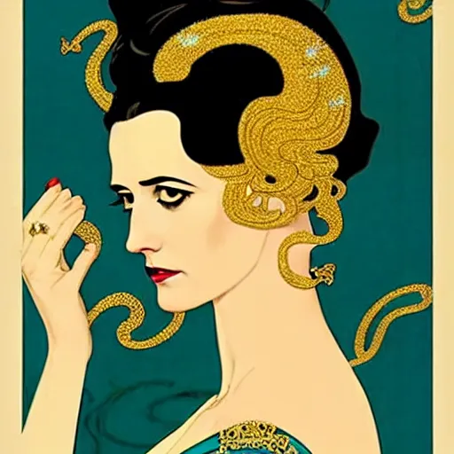 Prompt: turquoise and gold and black portrait of the young actress, eva green as queen of the emerald dead, comic art by joshua middleton, art by coles phillips, tendrils, vamp, elegant, decadent, stylised comic art, klimt, mucha, 1 9 7 0 s poster,