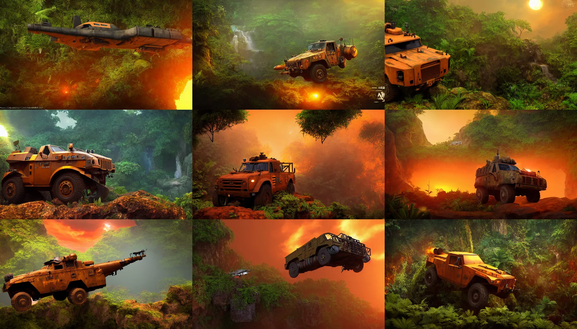 Prompt: a sci fi rusty flying military vehicle floating in a prehistoric jungle cave, lush flora, waterfall, orange sky, sunset, hazy, volumetric lighting, rtx on, photorealistic render, unreal engine 5