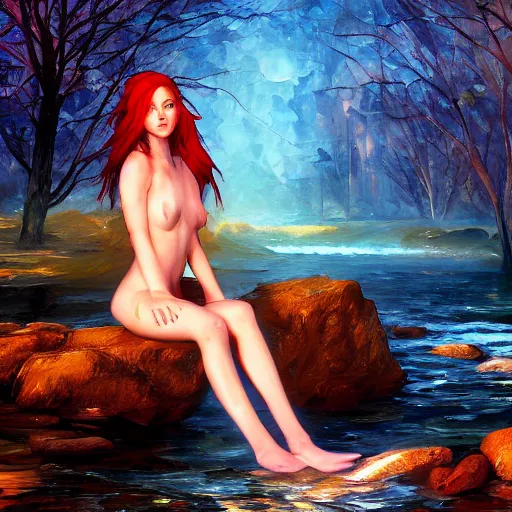 Image similar to redhead beautiful girl bathing in a river, night, moonlight, plus ultra cryengine render by android jones, james christensen, rob gonsalves, leonid afremov and tim white