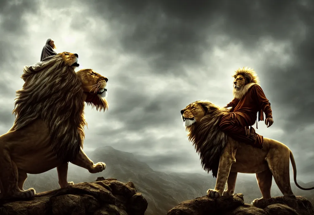 Prompt: a hooded wise old man with a long white beard wearing a brown hooded tunic riding on top of a lion, the man riding is on the lion, the wise man is riding on top, he is all alone, majestic, epic digital art, cinematic, trending on artstation, superb detail 8 k, wide angle shot, masterpiece