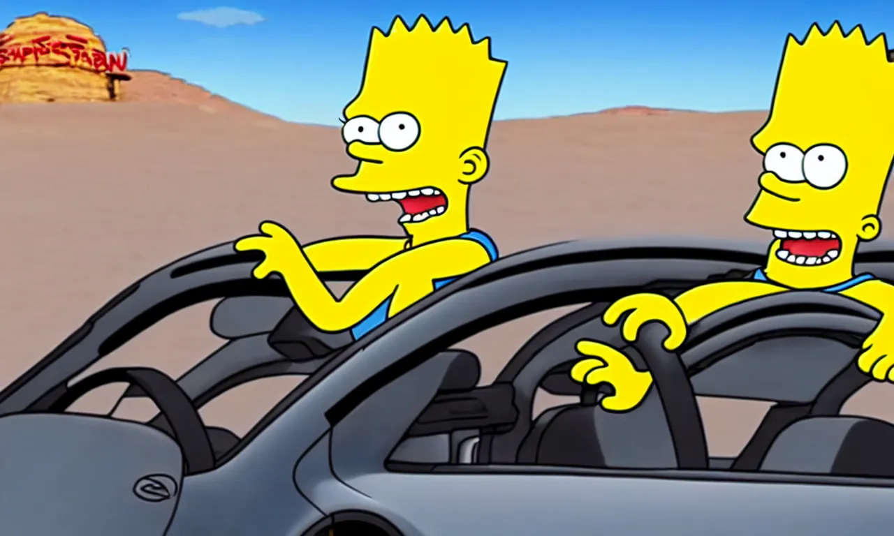 Prompt: bart simpson in tesla car in the desert, realistic picture