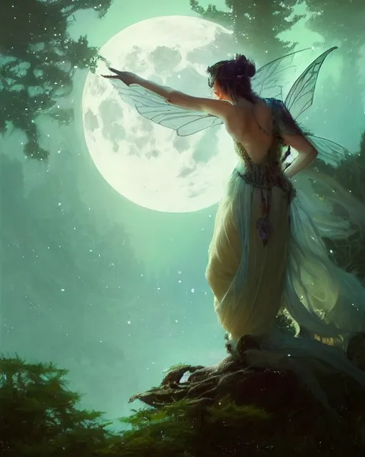 Image similar to a portrait of beautiful fairy goddness fly high in the night, d & d, fantasy, mist, full moon in background, trees, hyper detailed,, midium shot, an oil painting by ruan jia, trending on artstation, concept art, sharp focus, illustration, gaston bussiere, craig mullins, j. c. leyendecker, beautiful lighting