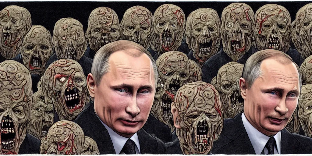 Image similar to vladimir putin's face is eaten by worms, in the background an army of zombies with their mouths sewn shut with wire in the shape of the letter z, drawn in the style of ralph mcquarrie, photorealistic, hyperdetailed