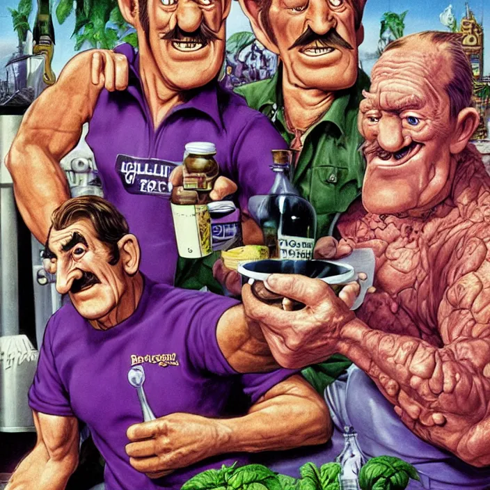 Image similar to promotional art for the movie'unless you hate bullruns ', barry chuckle preparing a batch of purple oil drink, hyperreal detailed facial features and uv lighting, art by ed roth and basil wolverton