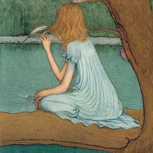 Prompt: art by ida rentoul outhwaite : ( subject = girl at the lake + subject detail = blond long hair, pretty )