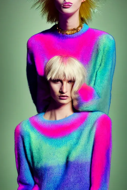 Image similar to stylish pullover for a rave bright colors, many details, photo for a magazine, photo for a store, fashion photography, Vogue, cinematic, hyper realism, high detail, 8k, very coherent symmetrical work, perfect face model, full length photo, Upper and lower body,Soft shadows on the face, white eyes, photographer style by Nik Night Erik Madigan Hec and Walter Chin and Camilla Akrans and Miles Aldridge