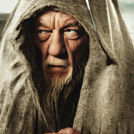 Prompt: the evil ian mckellen smothin on an anvil as gandalf in a dark viking hood playing odin all father from the thor movie crafting a neural network with synapses on am anvil, highly detailed, cinematic shot, cinematic lighting, 8 k, exquisit facial detail