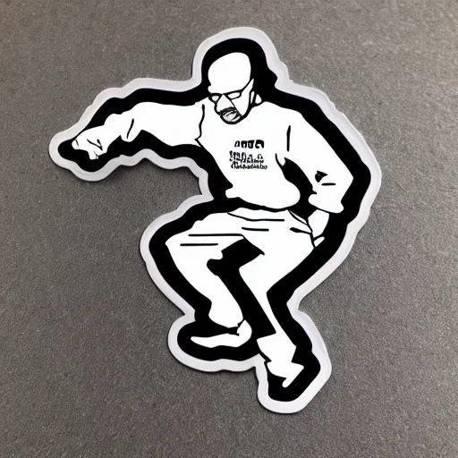 Image similar to die cut sticker, walter white breakdancing in techwear splatter paint