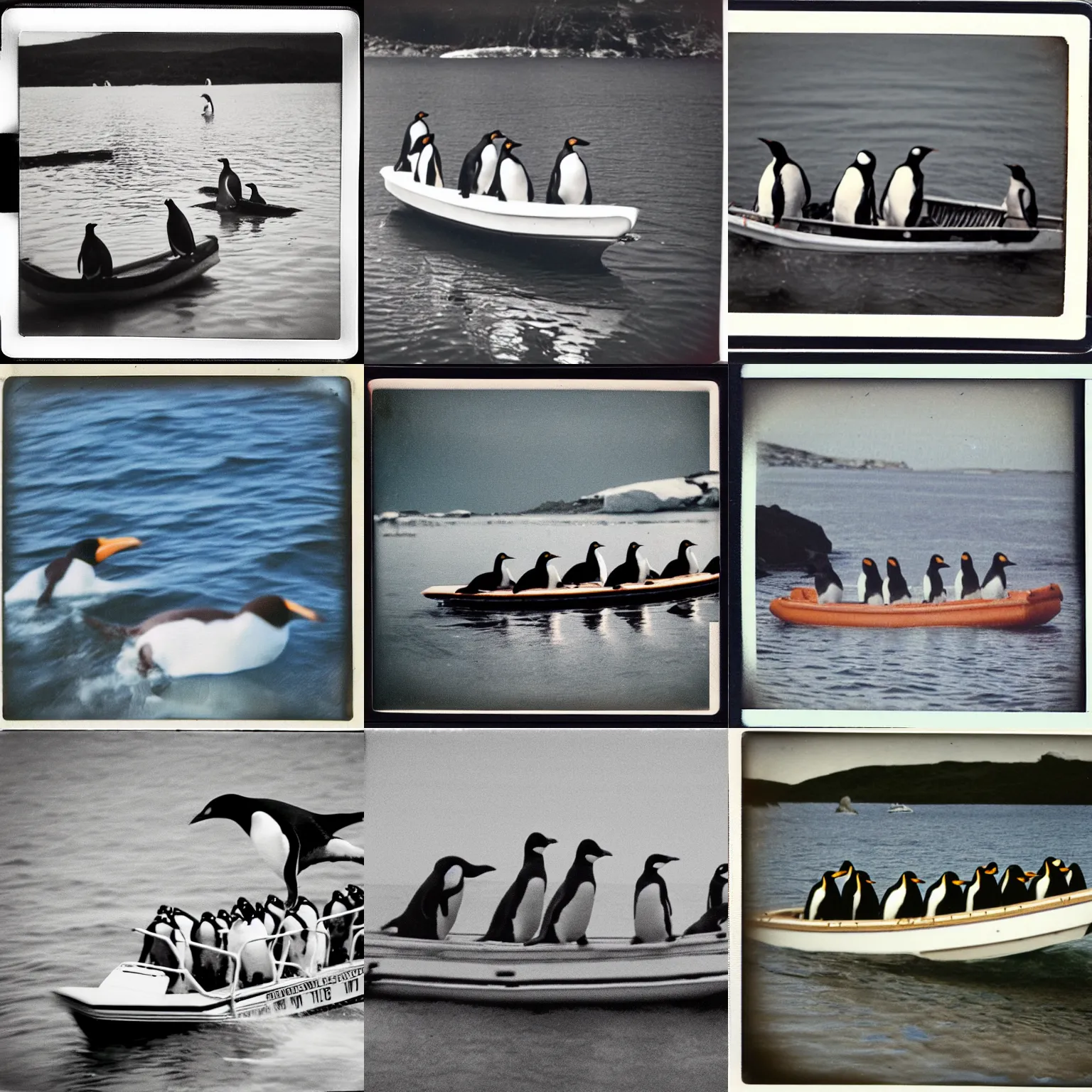 Prompt: Grainy polaroid of penguins driving a lifeboat