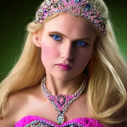 Image similar to close up headshot of a princess with long blonde hair and blue eyes wearing a strapless elaborately beaded pink dress, high resolution film still, 8k, HDR color, film by Simon Langton and David Frankel, gazing eyes