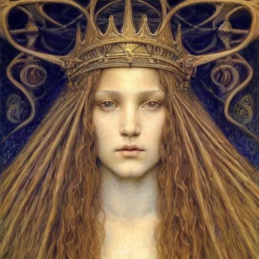 Image similar to detailed realistic beautiful young medieval queen face portrait by jean delville and marco mazzoni, art nouveau, symbolist, visionary, gothic, pre - raphaelite