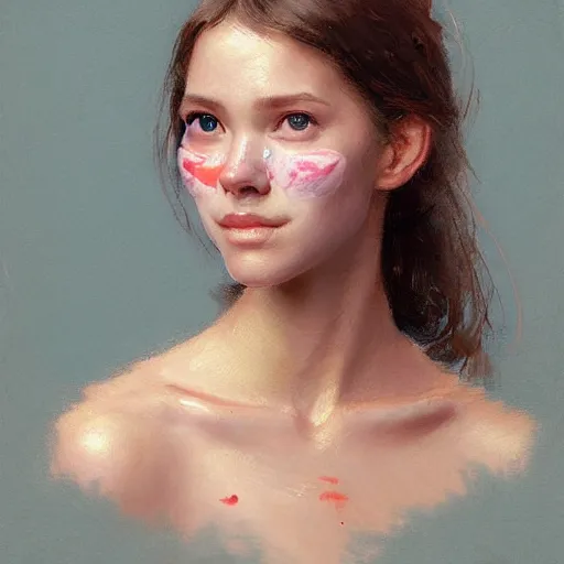 Image similar to Facial portrait of a cute shy girl, looking at the camera, slight awkward smile, lips slightly parted, no hands visible, blushing, intricate, extremely detailed painting by Greg Rutkowski and by Henry Justice Ford and by Steve Henderson and Moebius