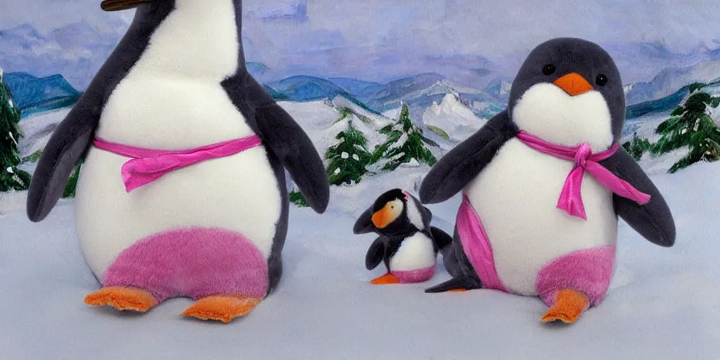 Image similar to 3 d precious moments plush penguin with realistic fur and an blue / white / gray / green / pink / tan / mid pink / blue gray color scheme, snowy mountain landscape, master painter and art style of john william waterhouse and caspar david friedrich and philipp otto runge