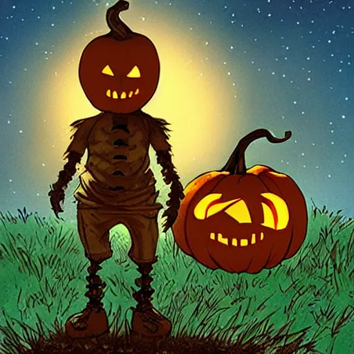 Prompt: Sam from Trick R Treat, stands in front of pumpkin filled lawn at Night, Halloween comic book, comic book art in the style of frank miller