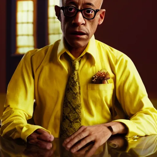 Image similar to gus fring as a muppet, yellow dress shirt. highly detailed felt. hyper real photo. 4 k.