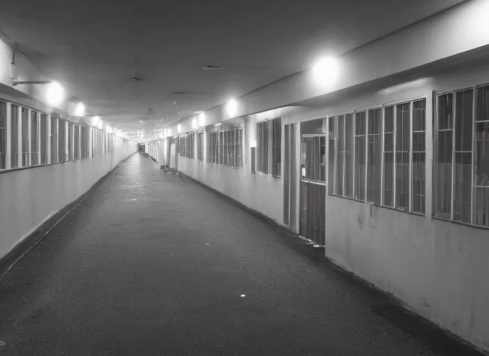 Image similar to a school corridor at night, night time, after hours, low light