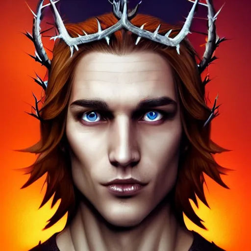 Image similar to Lucifer as an attractive cody fern with blue eyes and long dirty blonde hair with a chiseled jawline, wearing a demonic crown of thorns, 4k digital character design by Artgerm, WLOP, beeple, Hi-Fructose, James Jean, Andrei Riabovitchev, Marc Simonetti, yoshitaka Amano, Artstation, CGsociety