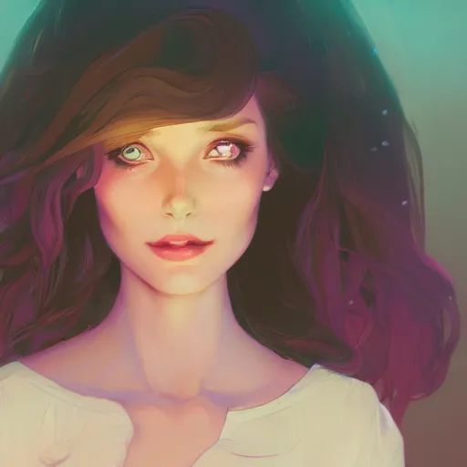Image similar to a sweet beautiful girl, she is looking at the camera, she is smirking, ambient lighting, 4 k, lois van baarle, ilya kuvshinov, rossdraws, alphonse mucha, jung gi kim, artstation