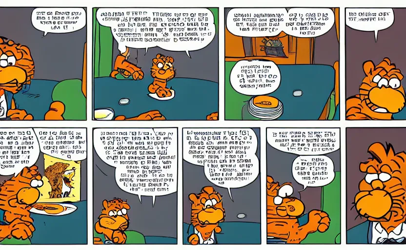 Prompt: a 3 panel Garfield comic. The first panel is Garfield sitting at a table with a speech bubble saying “There’s nothing happening”. The second panel is Jon Arbuckle talking to Garfield at the table with a speech bubble saying “I finally got the wildfire in my sock drawer under control!”. The third panel is Garfield at the table with a speech bubble saying “Out of the ordinary, I mean.”