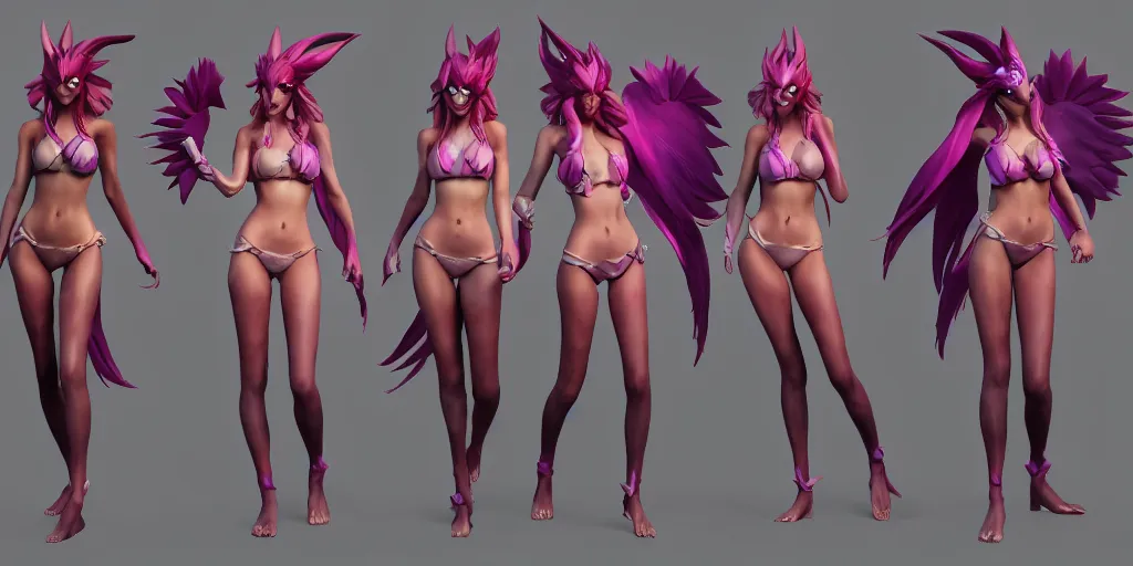 Prompt: Character sheet of gorgeous pool party xayah (League of Legends). 3d octane render trending on artstation