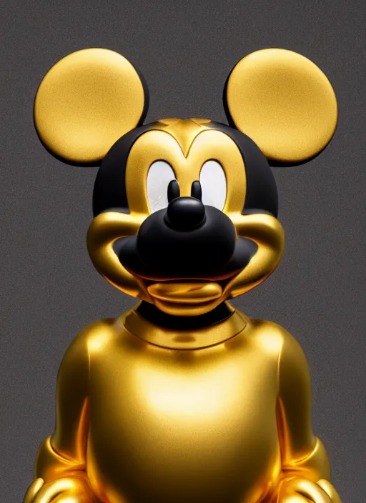 Image similar to stylized gold onyx ornate statue full body made of marble of disney character mickey mouse, perfect symmetrical body, perfect symmetrical face, hyper realistic, hyper detailed, by johannen voss, by michelangelo, octane render, blender, 8 k, displayed in pure white studio room