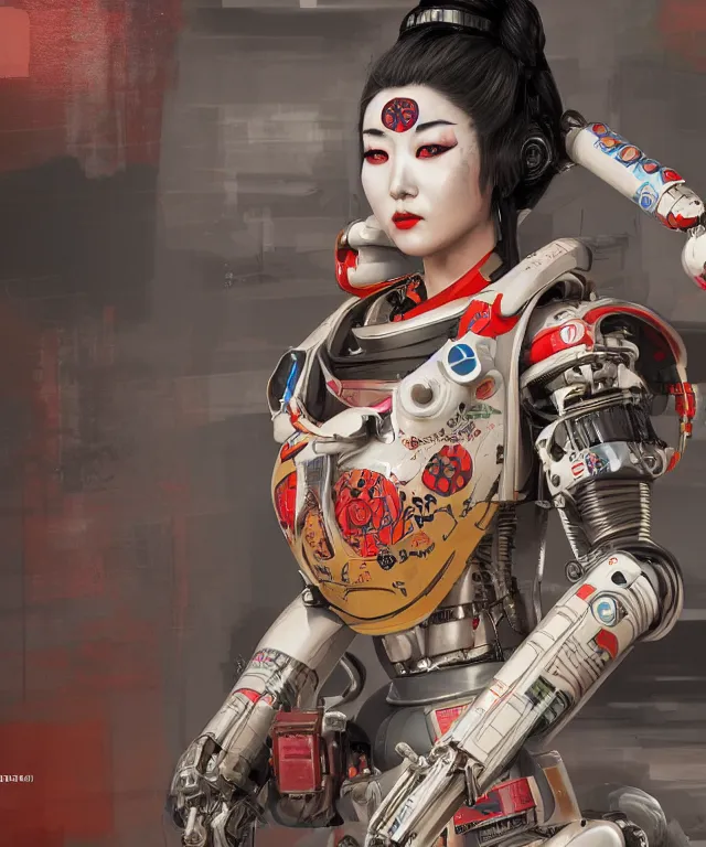 Image similar to an epic fantastic realism comic book style portrait painting of a japanese robotic geisha with kanji tattoos and decals, apex legends, octane render, intricate detail, 4 k hd, unreal engine 5