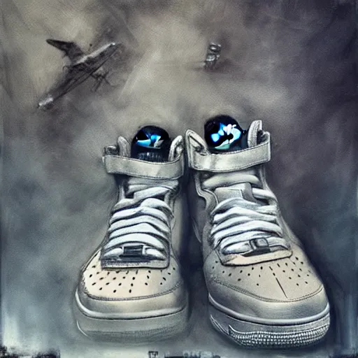 Prompt: high detail photograph, 8 k uhd : ( subject = nike airforce 1 shoes + subject detail = art by christopher shy, custom paint )