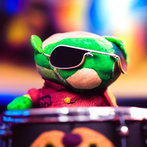 Prompt: a photograph of a turtle plush toy, he is happily playing drums and wearing sunglasses, vivid color, 50mm, depth of field