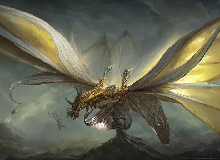 Prompt: detailed concept art of a huge angel - winged lunar moth dragon by cheng yi and luolin, artstation, artstationhd