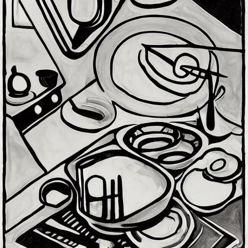 Prompt: a kitchen sink full of dirty dishes, in the style of audrey kawasaki, photorealistic, painted by wassily kandinsky and hr giger and georgia okeeffe, moody lighting, black and white illustration, sharp, detailed