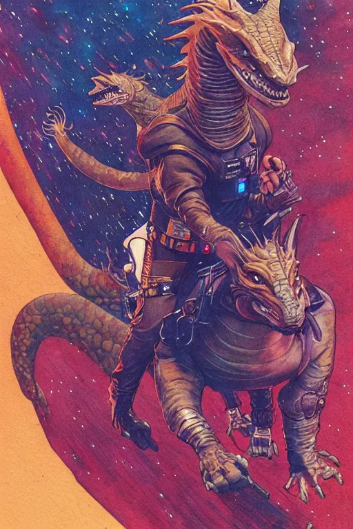 Prompt: han solo riding a dragon, full view, science fiction, art by jean giraud, moebius, juan gimenez, in watercolor gouache detailed paintings, in style of syd mead, colorful comics style, artstation