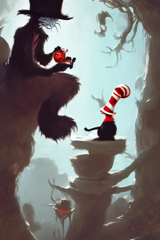 Prompt: the cat in the hat, scary, concept art by dr seuss and greg rutkowski