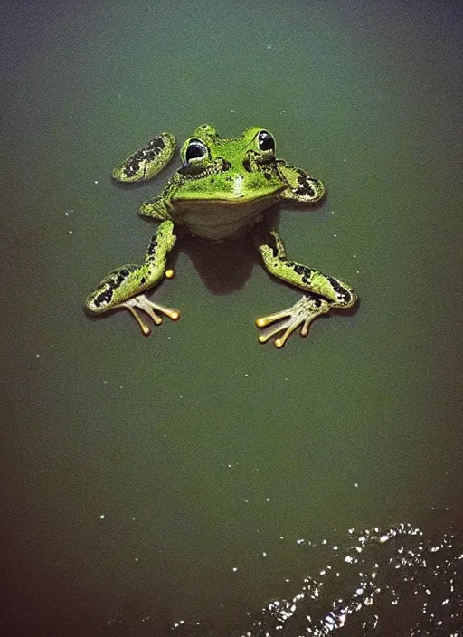 Prompt: “semitranslucent smiling frog amphibian vertically hovering over misty lake waters, frog in Jesus Christ pose, low angle, long cinematic shot by Andrei Tarkovsky, paranormal, eerie, mystical”